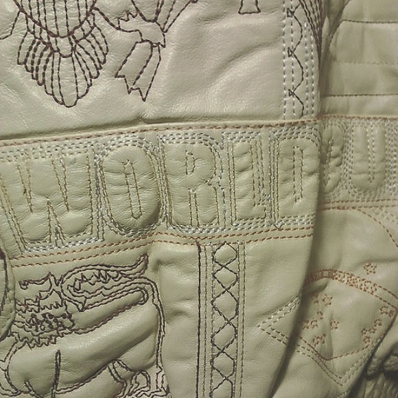 World Tour Embroidered Graphics Removable Hooded Leather Jacket Men's 2XL Cream - Picture 7 of 13